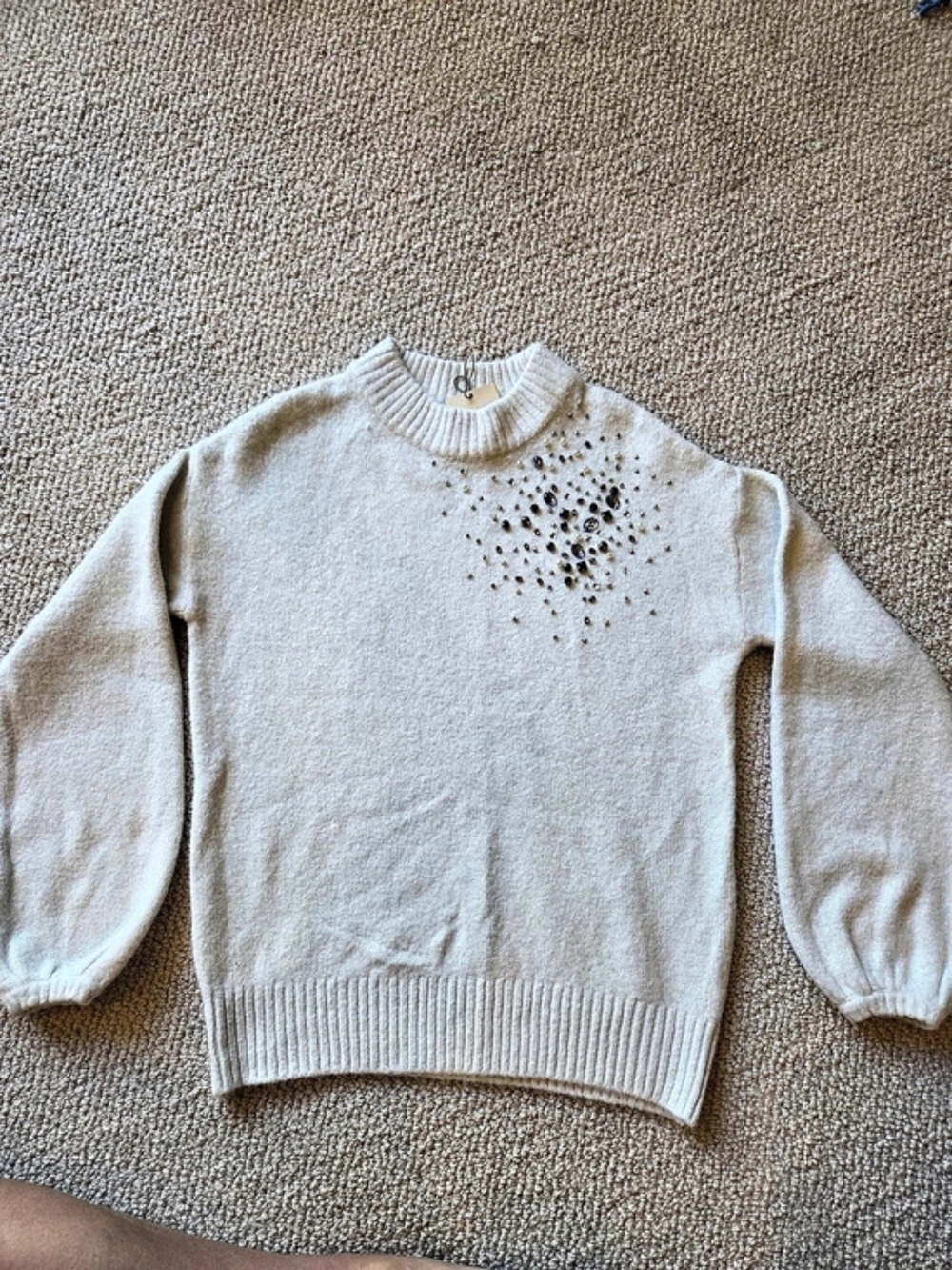 new day Embellished Crewneck Sweater in Cream Size XS NWT